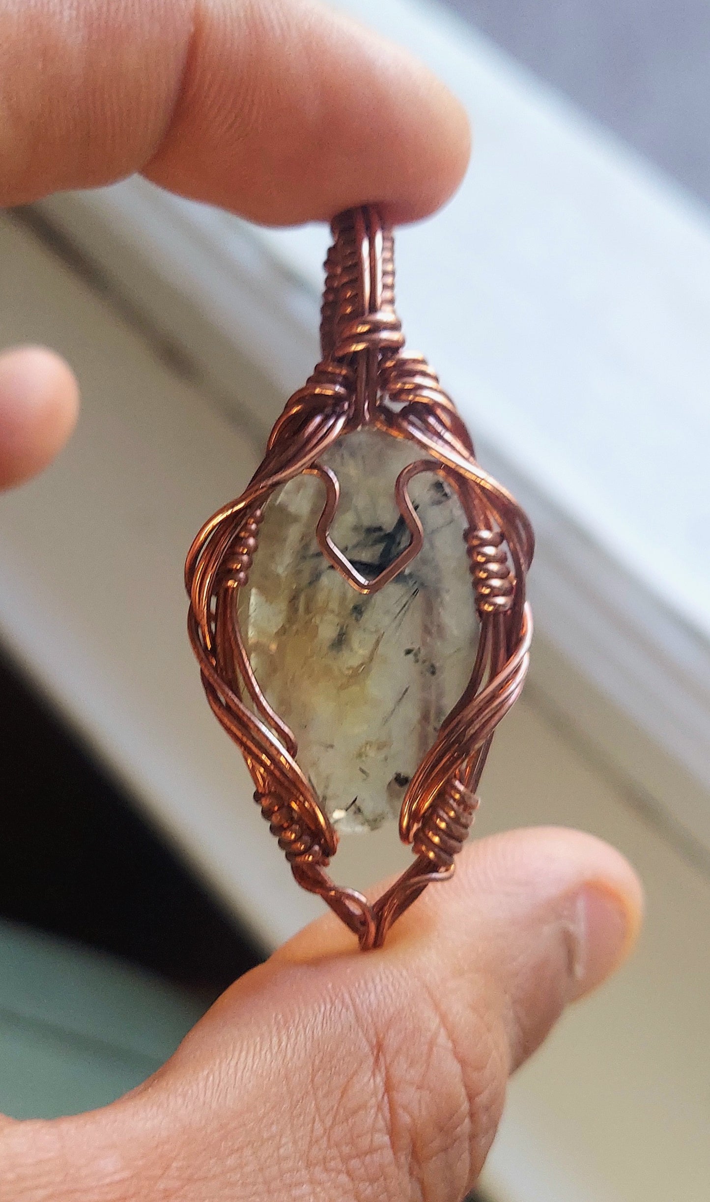 Tourmalated Prhenite Copper Wire Wrap Pendant